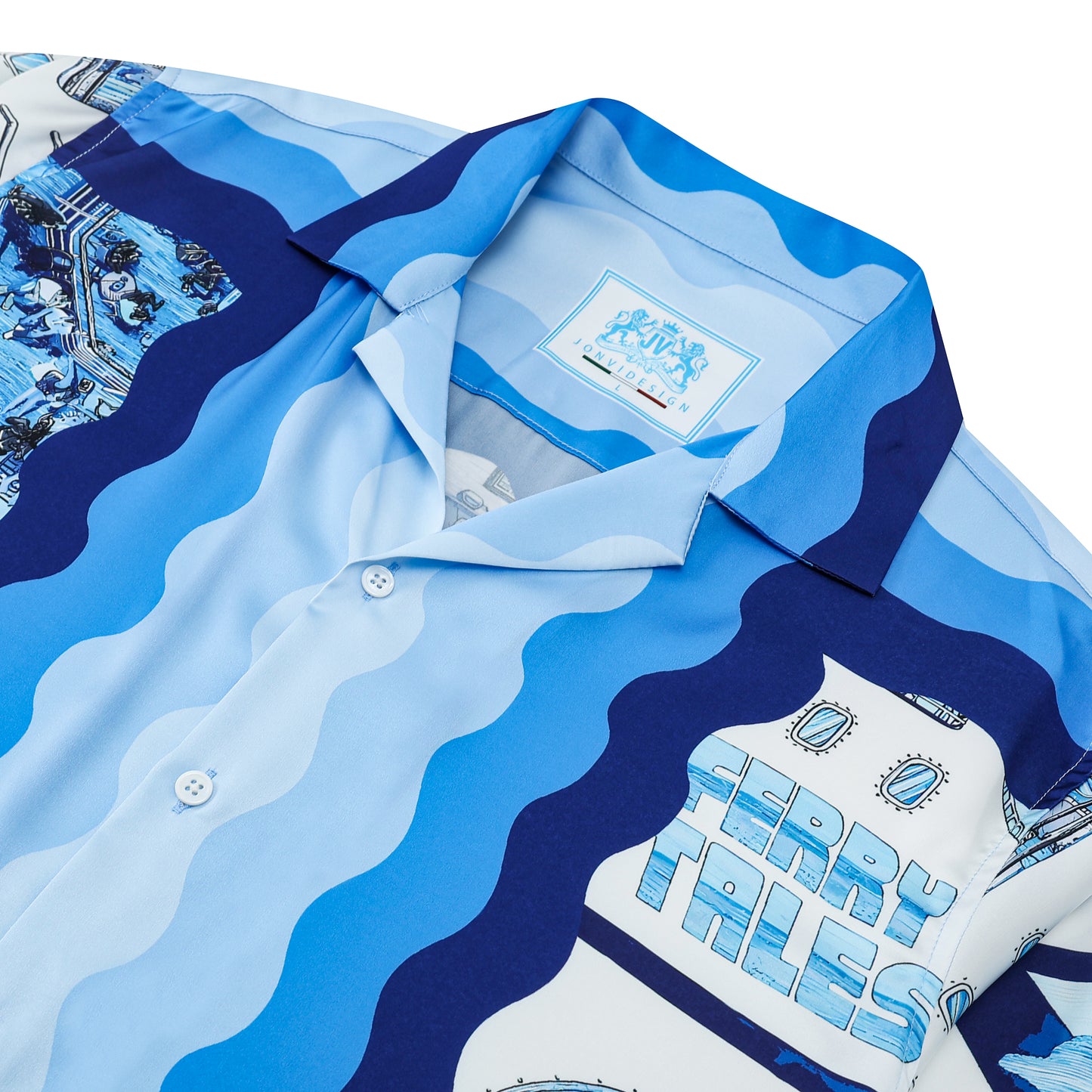 Blue Ferry Pattern Camp Collar Casual Long Sleeve Camp Collar Shirt for Men