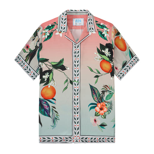 Orange Floral Pattern Short Sleeve Camp Collar Casual Shirt