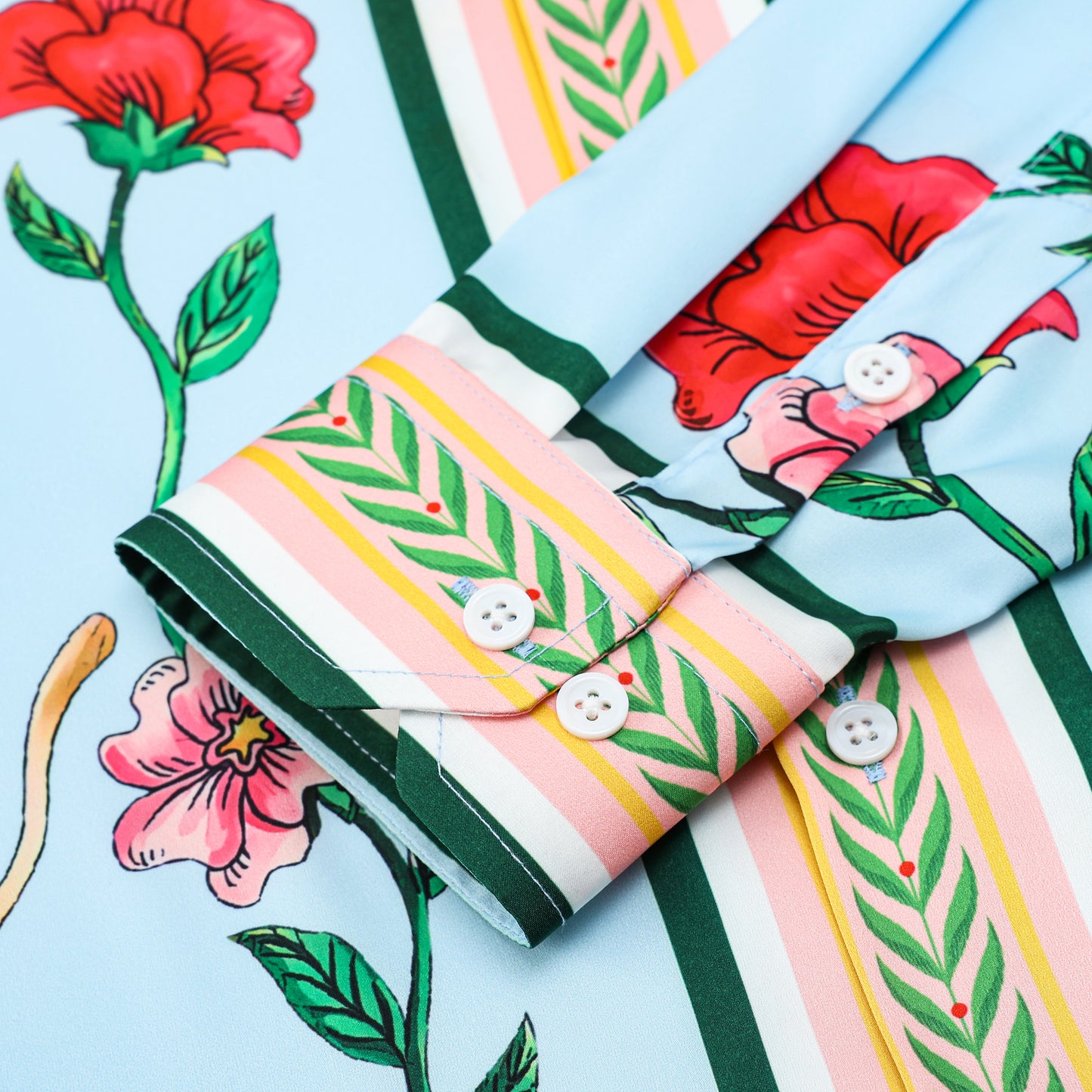 Natural Flower Pattern Camp Collar Long Sleeve Shirt in Blue