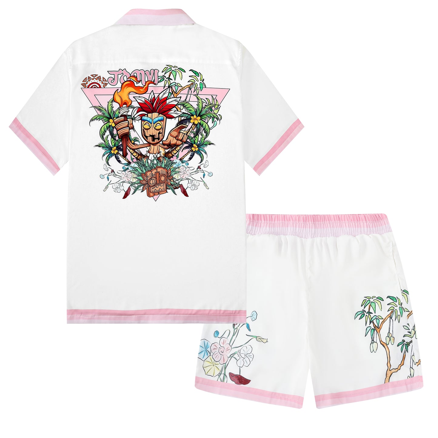 Tropical Tiki Statue Floral Pattern Waistband Shorts in Pink