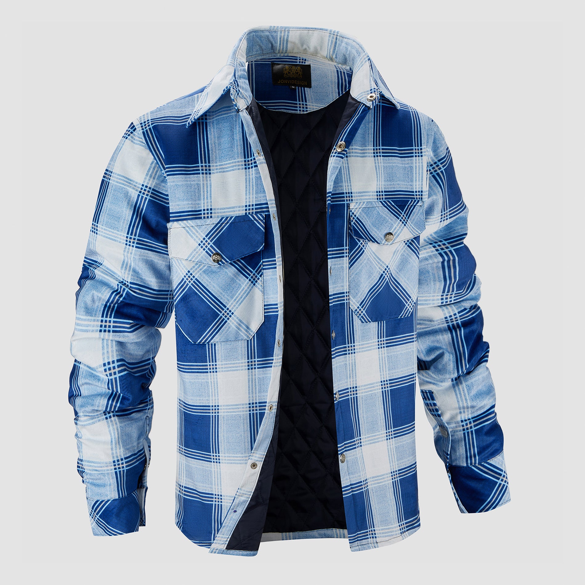 Cromoncent Men's Heavyweight Flannel Shirt - Thick Plaid Long Sleeve Button-Down Jacket (White Blue, Medium)