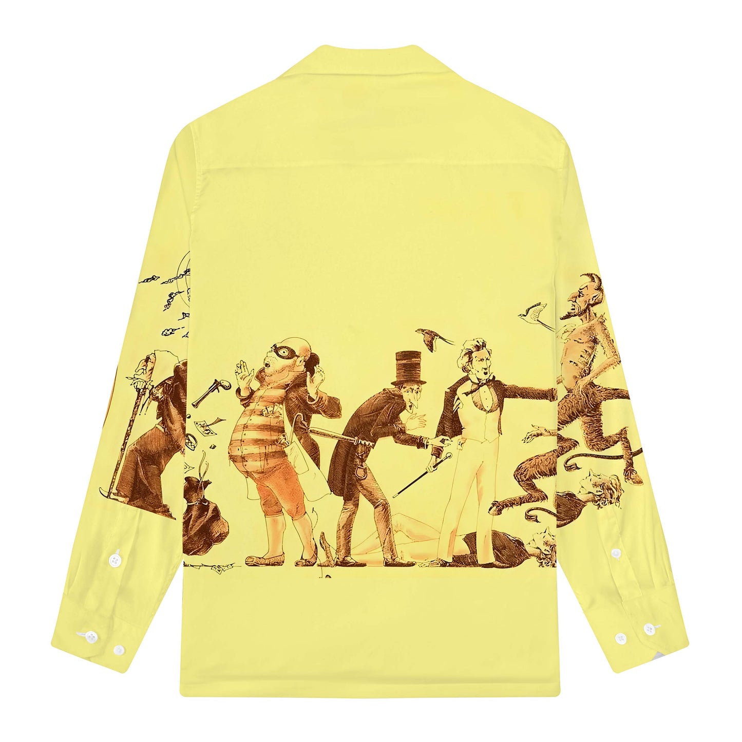 Retro Illustration Print Long Sleeve Camp Collar Shirt