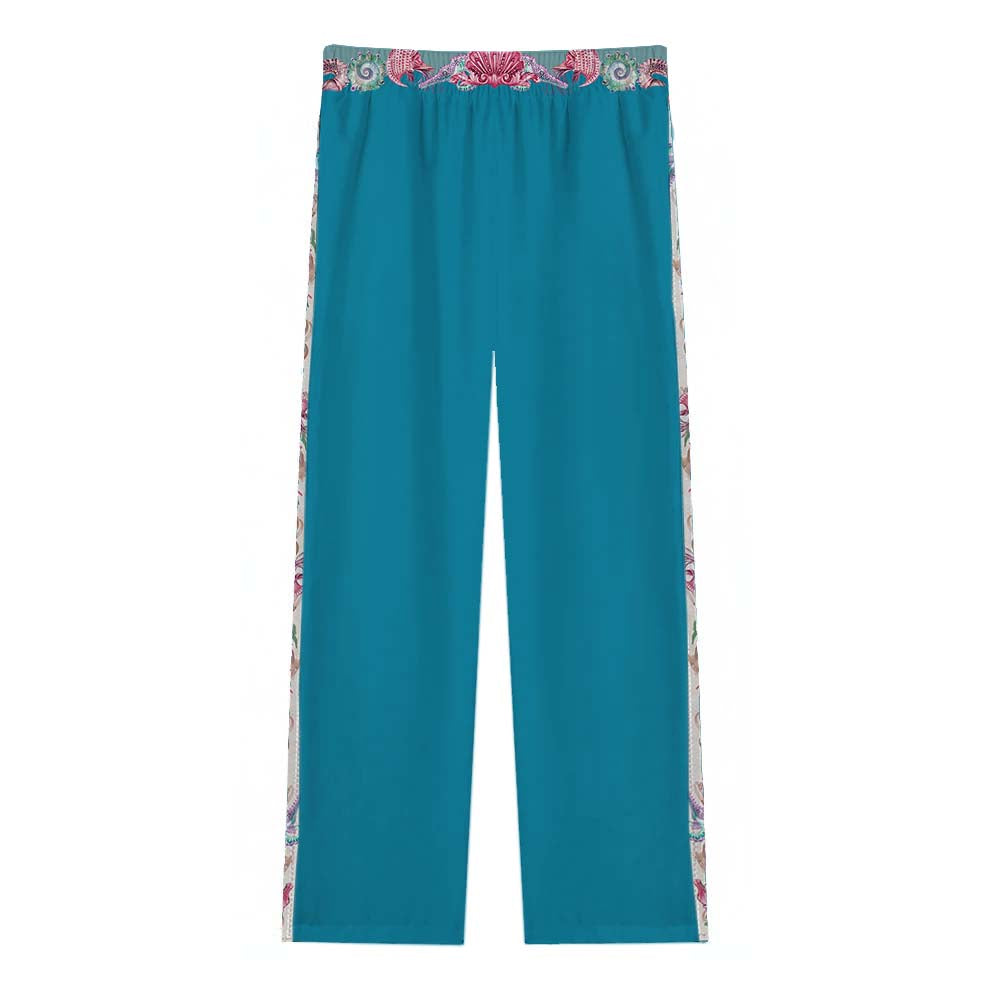 Mermaid and Ocean Print Casual Trousers With Elastic Waistband