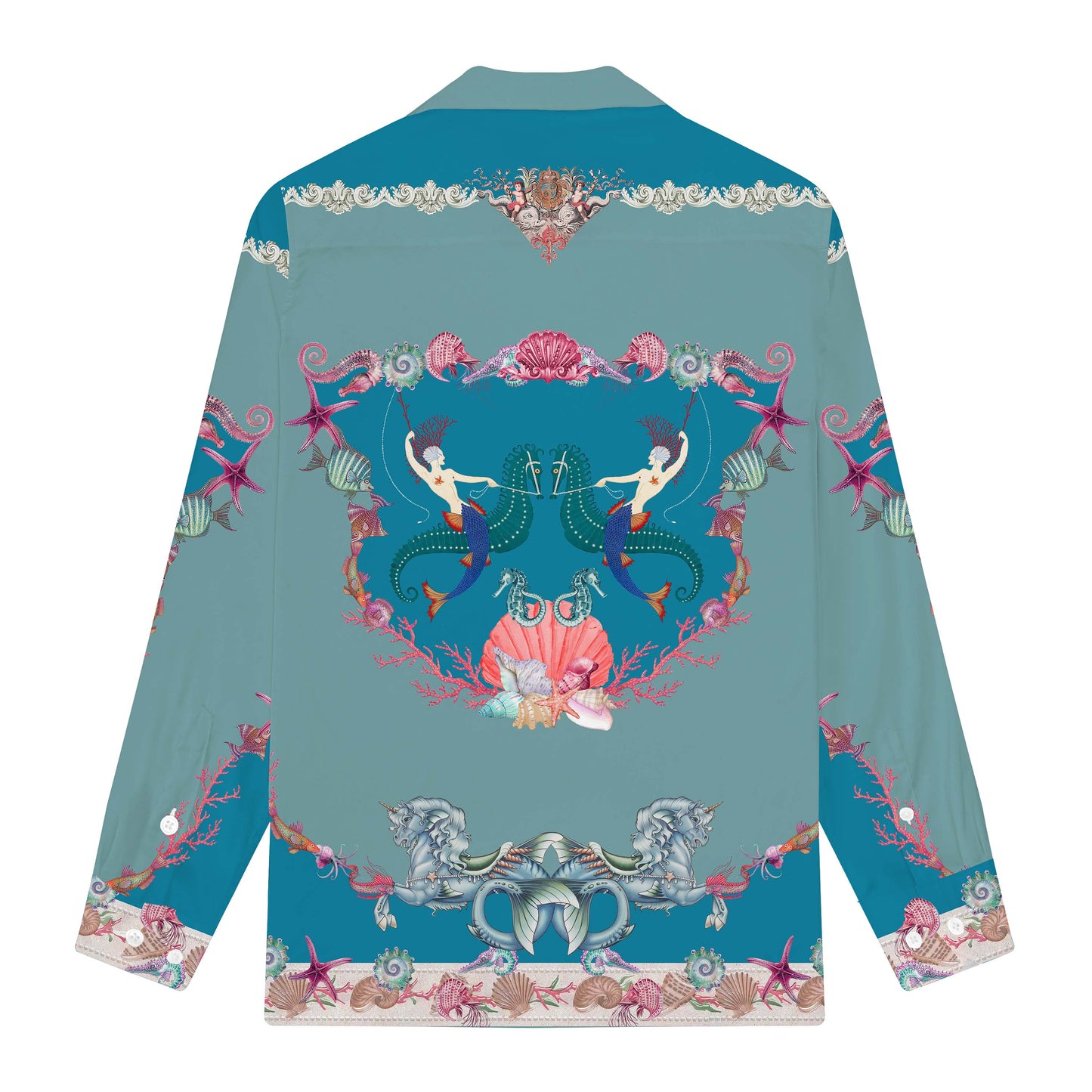 Mermaid and Ocean Print Long Sleeve Camp Collar Shirt
