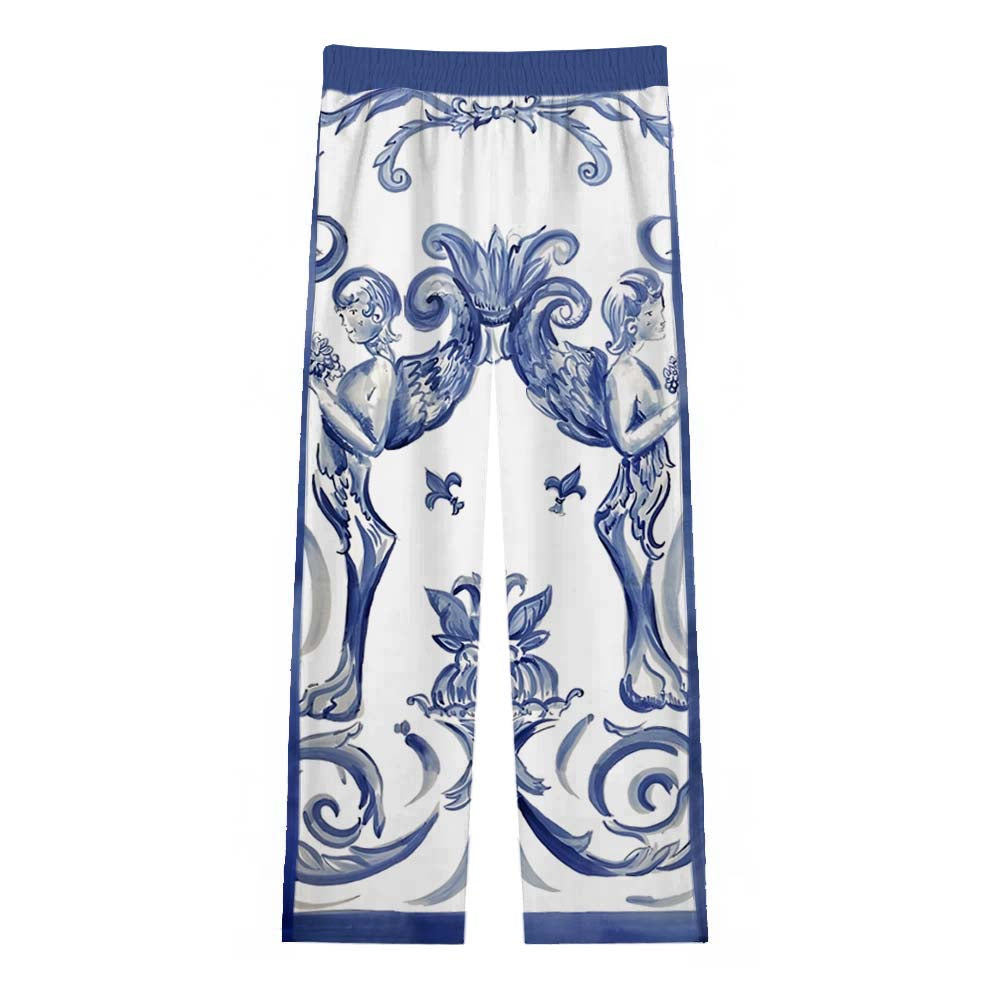 Baroque Cherub print Casual Trousers With Elastic Waistband