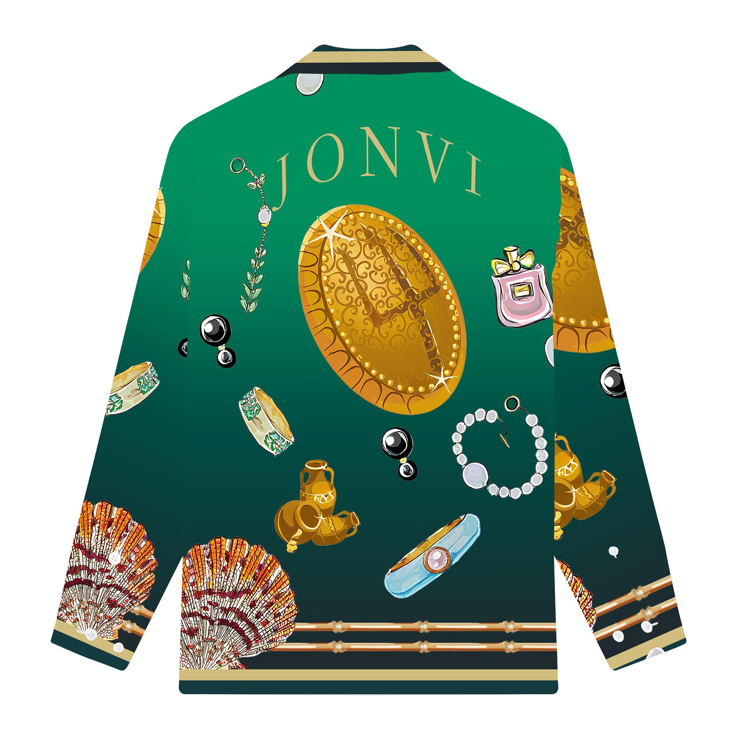 Vintage Jewelry&Gem Pattern Long Sleeve Camp Collar Shirt