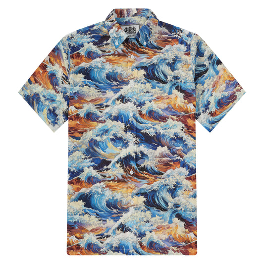 Hawaiian Ocean Wave Pattern Button Short Sleeve Shirt