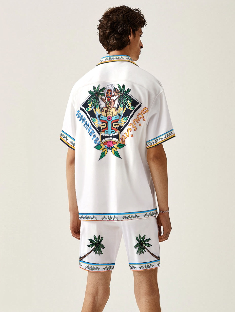 Tropical Vibe Tiki Pattern Short Sleeve Camp Collar Shirt