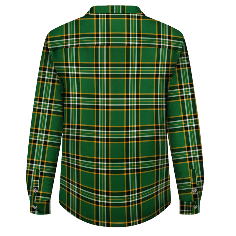 Green-Yellow Plaid Fleece-Lined Long Sleeve Button-Down Jacket