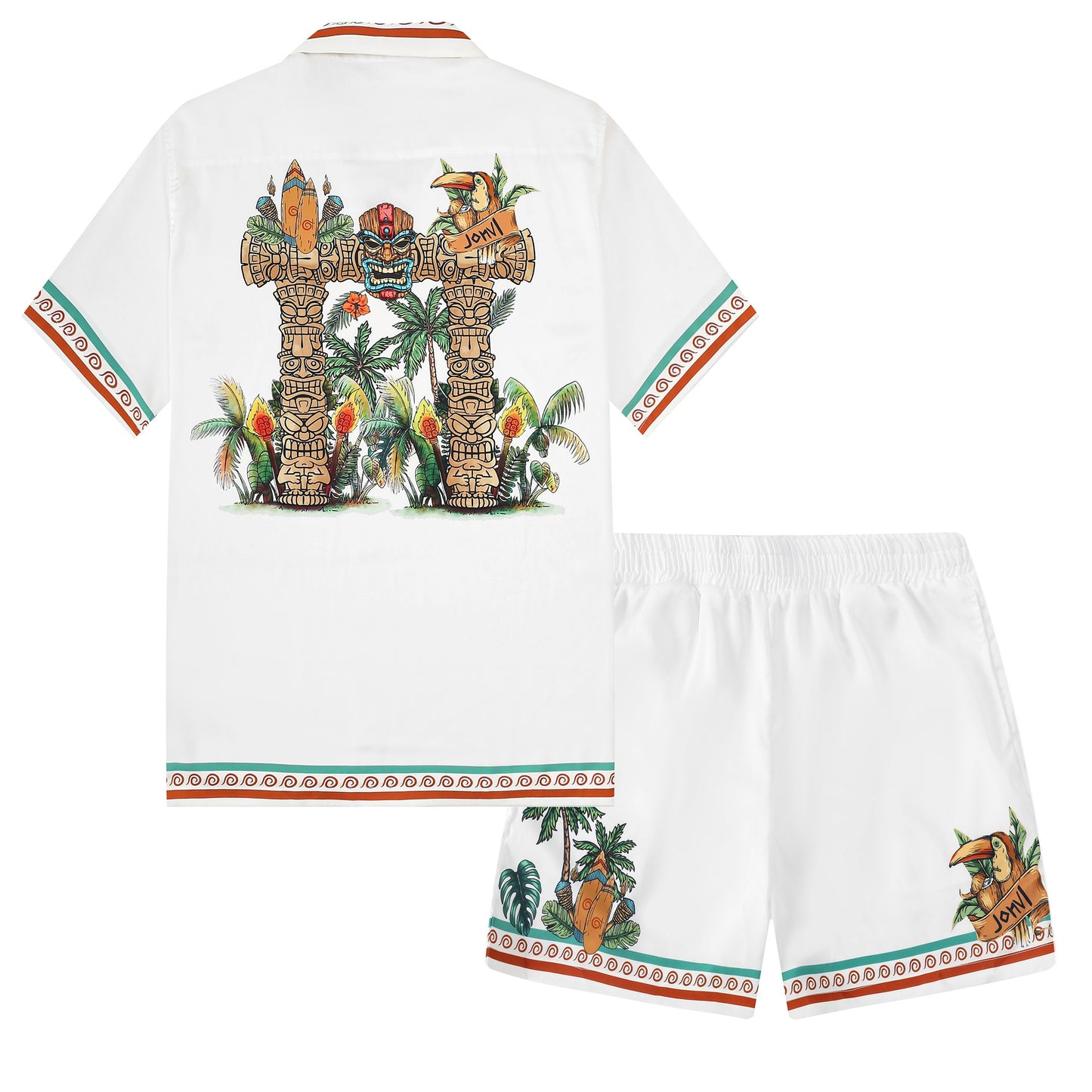 Festival Outfit Tropical Tiki Statue Pattern Waistband Shorts in White