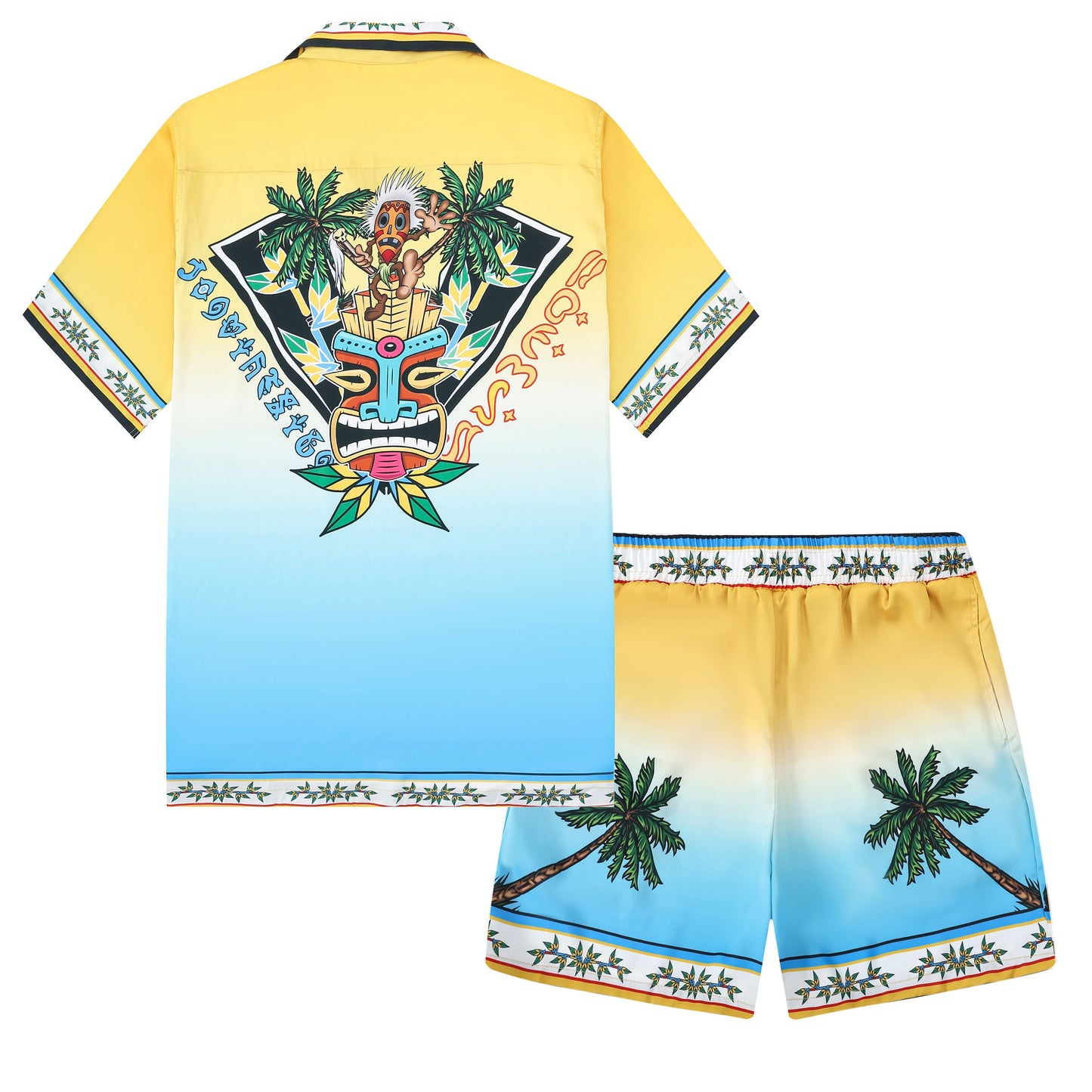 Tropical Vibe Tiki Pattern Waistband Shorts in Yellow
