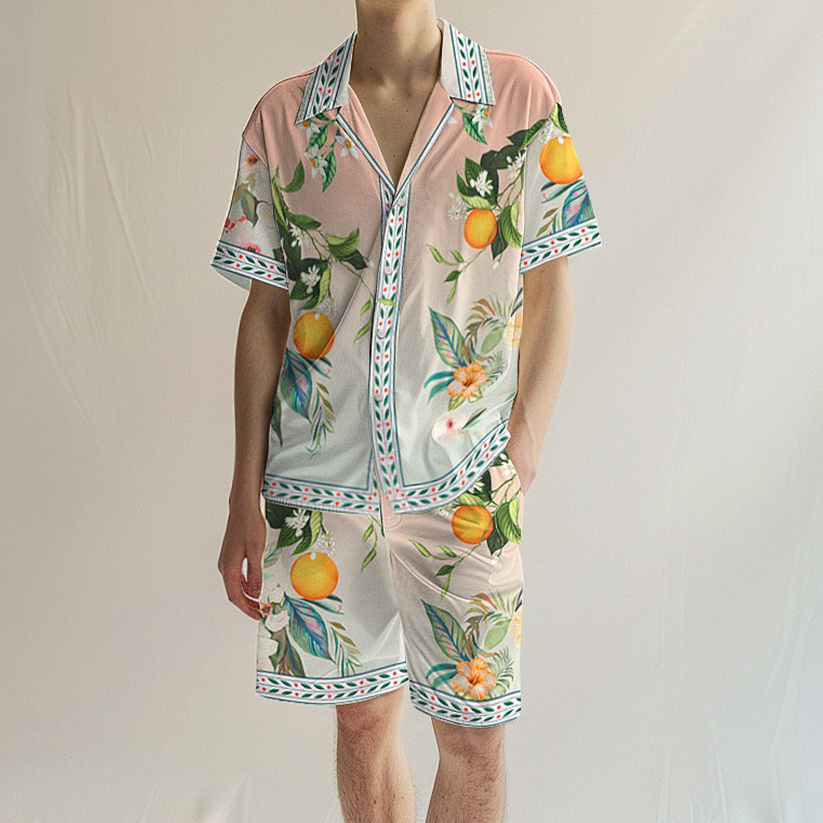 Orange Floral Pattern Short Sleeve Camp Collar Casual Shirt