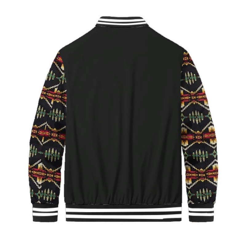 Black Native American Style Geometric Totem Paneled Bomber Jacket