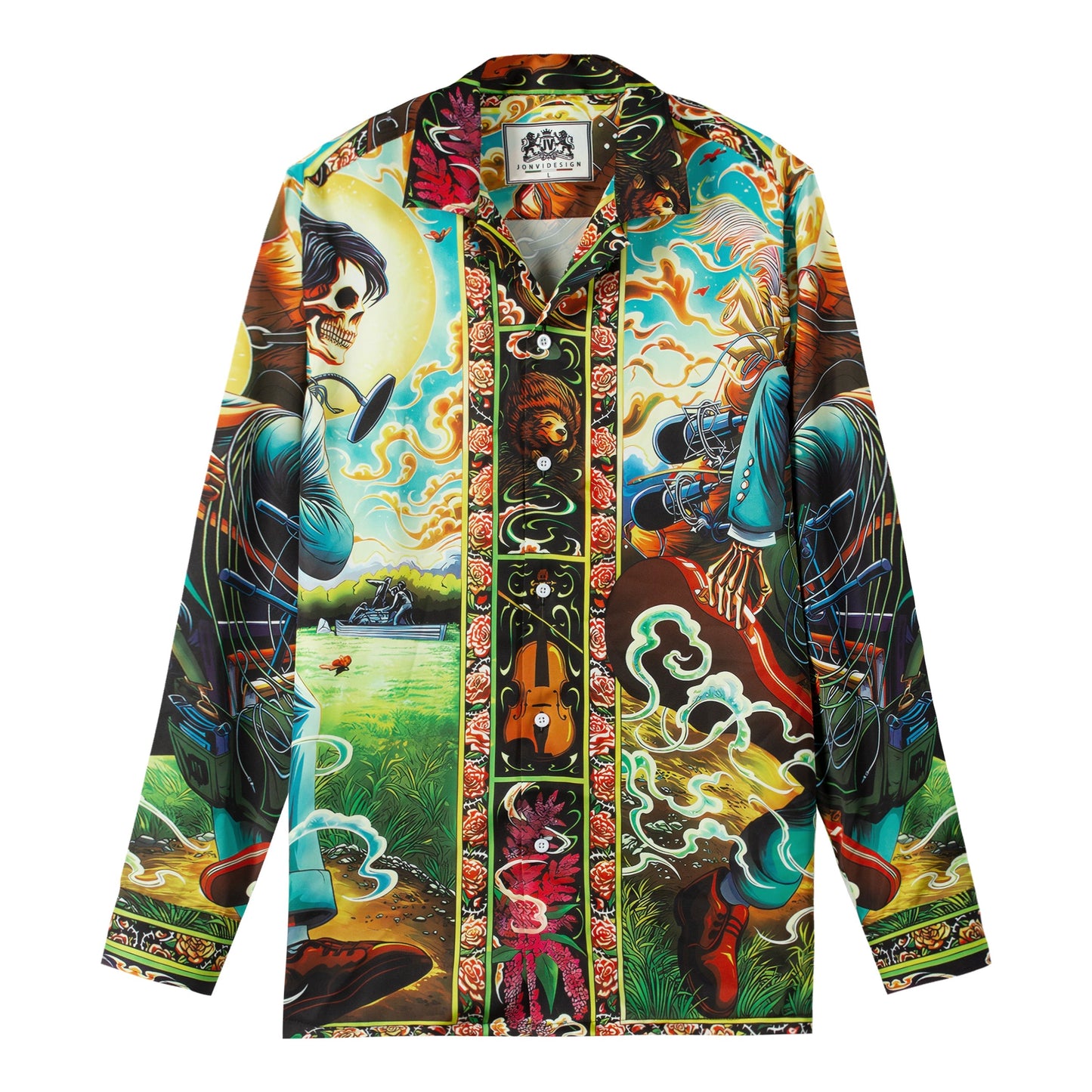 Halloween Long Sleeve Camp Collar Shirt with Skull Accents Jonvidesign