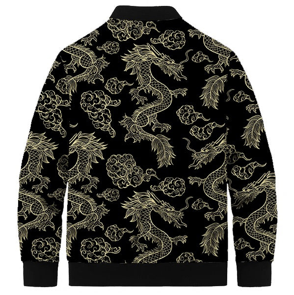 Black & Gold Cloud Dragon Print Quilted Lined Bomber Jacket