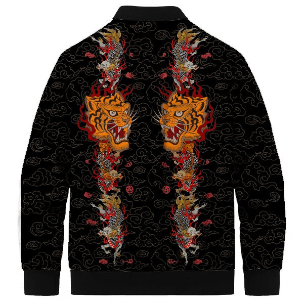 Flame Pattern Dragon & Tiger Print Quilted Lined Bomber Jacket