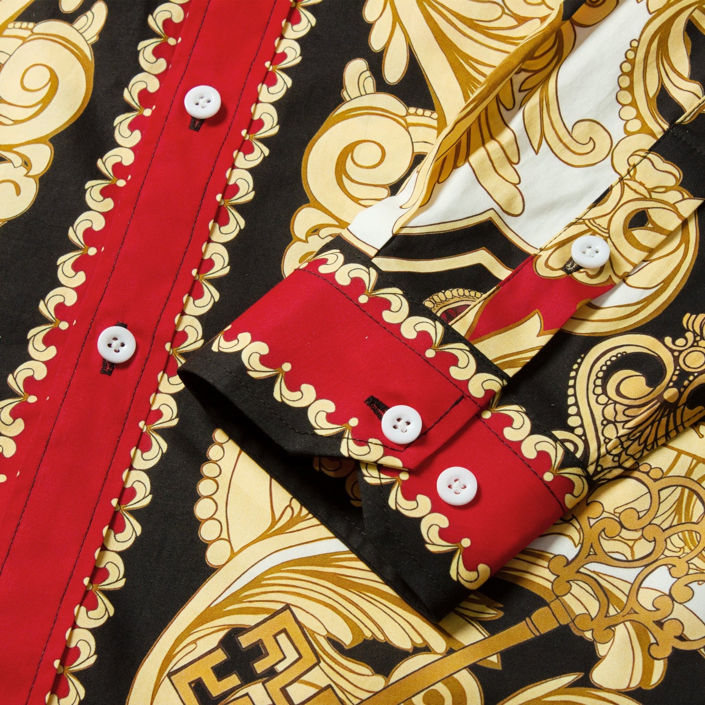 Red Baroque Pattern Long Sleeve Button Down Casual Shirt Jonvidesign