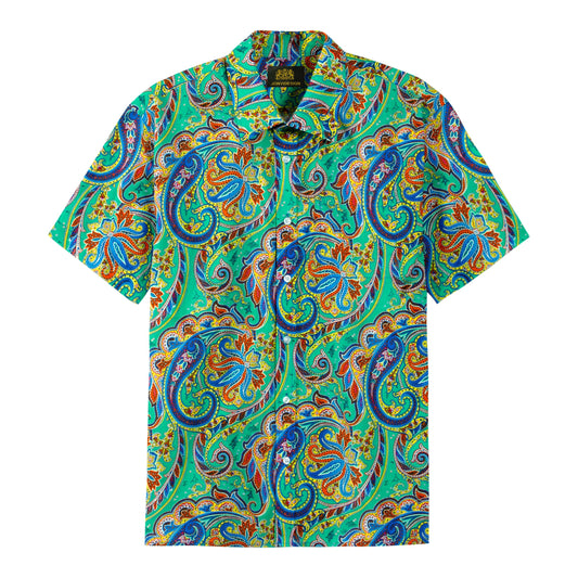 Vintage Paisley Pattern Short Sleeve Camp Shirt in Green Jonvidesign