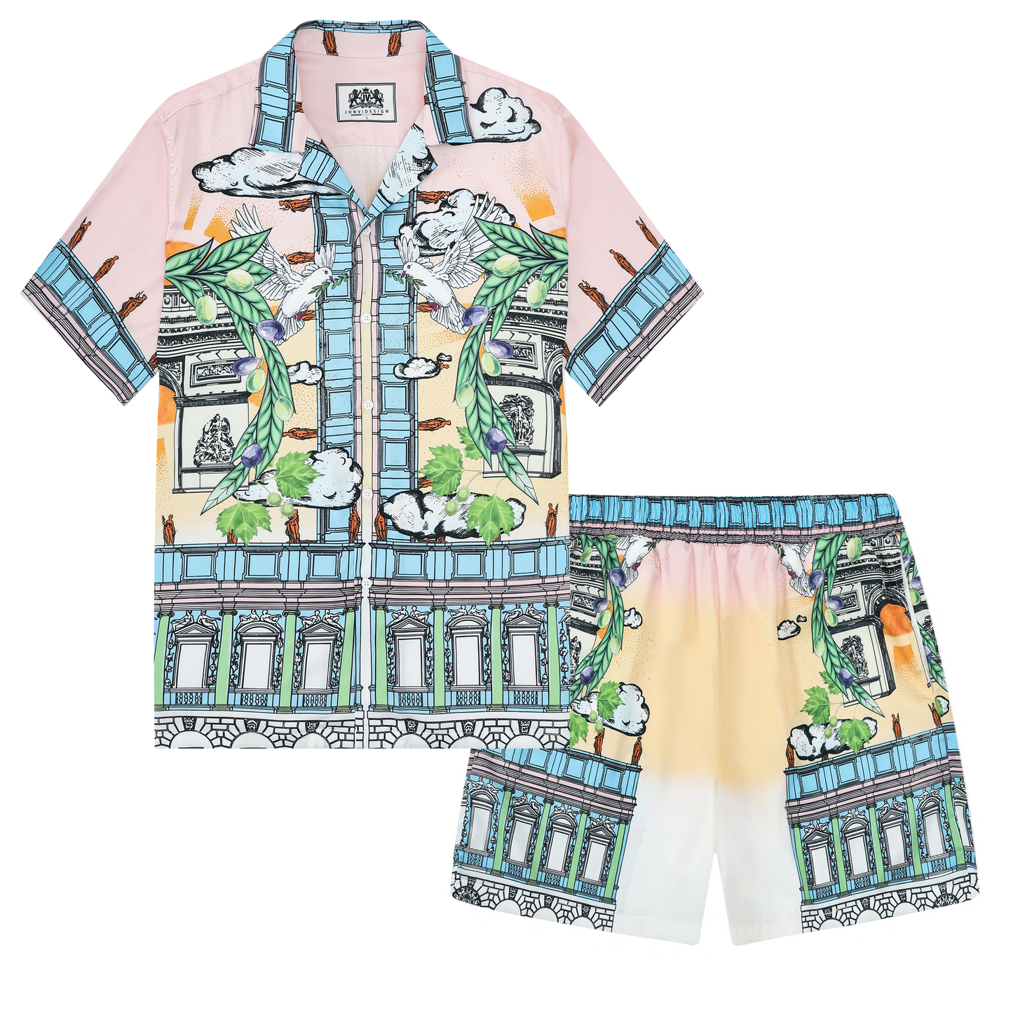 Arc De Triomphe Peace Dove Camp Collar Short Sleeve Shirt