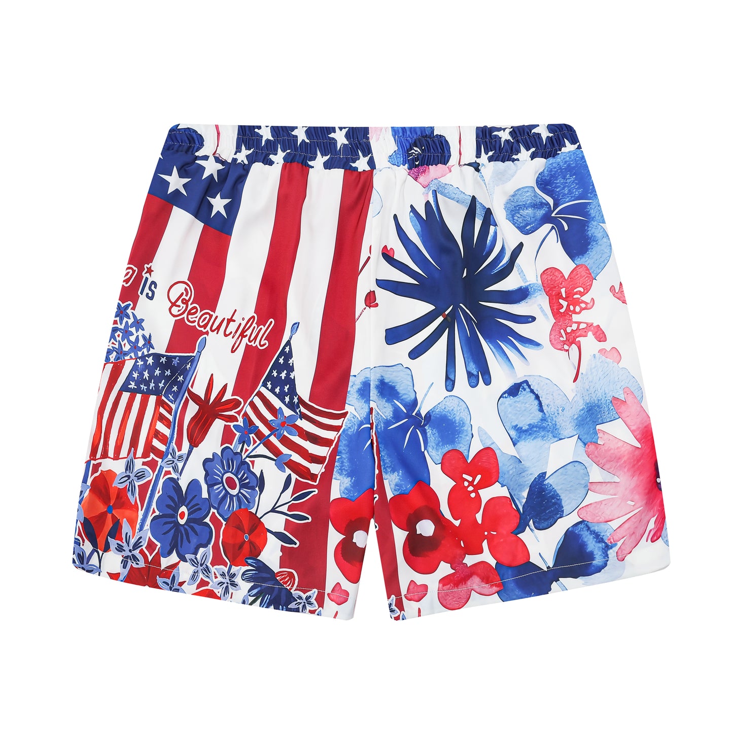 American Flag Floral Pattern Silk Fiber Waistband Shorts