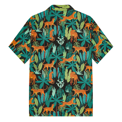 Vacation Wear Tropical Tiger Pattern Camp Collar Short Sleeve Shirt