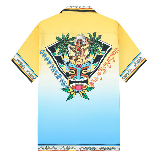 Tropical Vibe Tiki Pattern Short Sleeve Camp Collar Shirt in Yellow