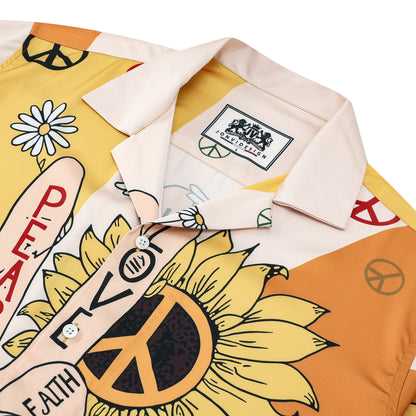 Peace And Love Sunflower Pattern Short Sleeve Camp Collar Shirt