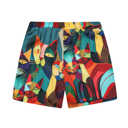 Colorful Cat Print Elastic Waistband Casual Shorts