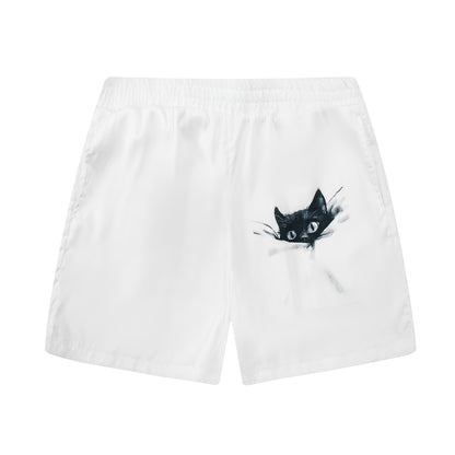 Cat Print Elastic Waistband Summer Casual Shorts  Simple White Style