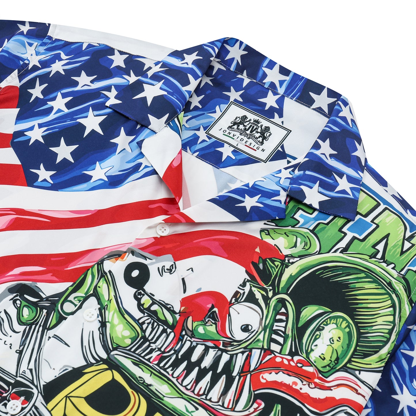 American Flag Mouse Modified Car Print Camp Collar Short Sleeve Shirt