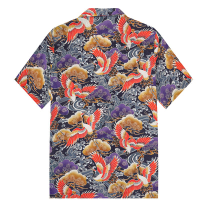 Japanese Crane Cloud Pattern Camp Collar Short Sleeve Shirt