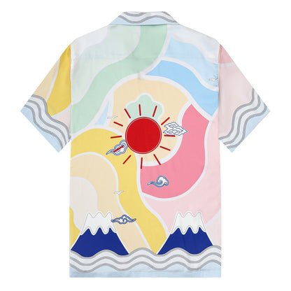 Abstract Sun Mountain Pattern Short Sleeve Camp Collar Shirt