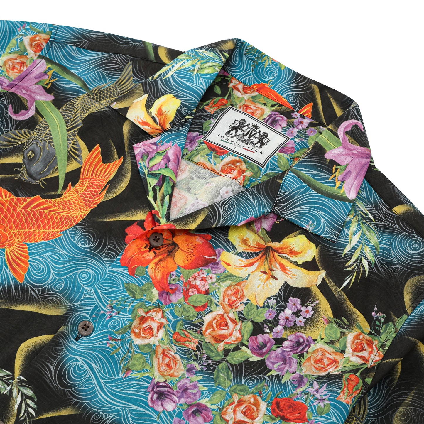 Ukiyo-e Golden Fish Pattern Camp Collar Short Sleeve Shirt