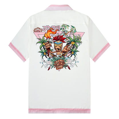 Tropical Tiki Statue Floral Pattern Short Sleeve Camp Collar Shirt