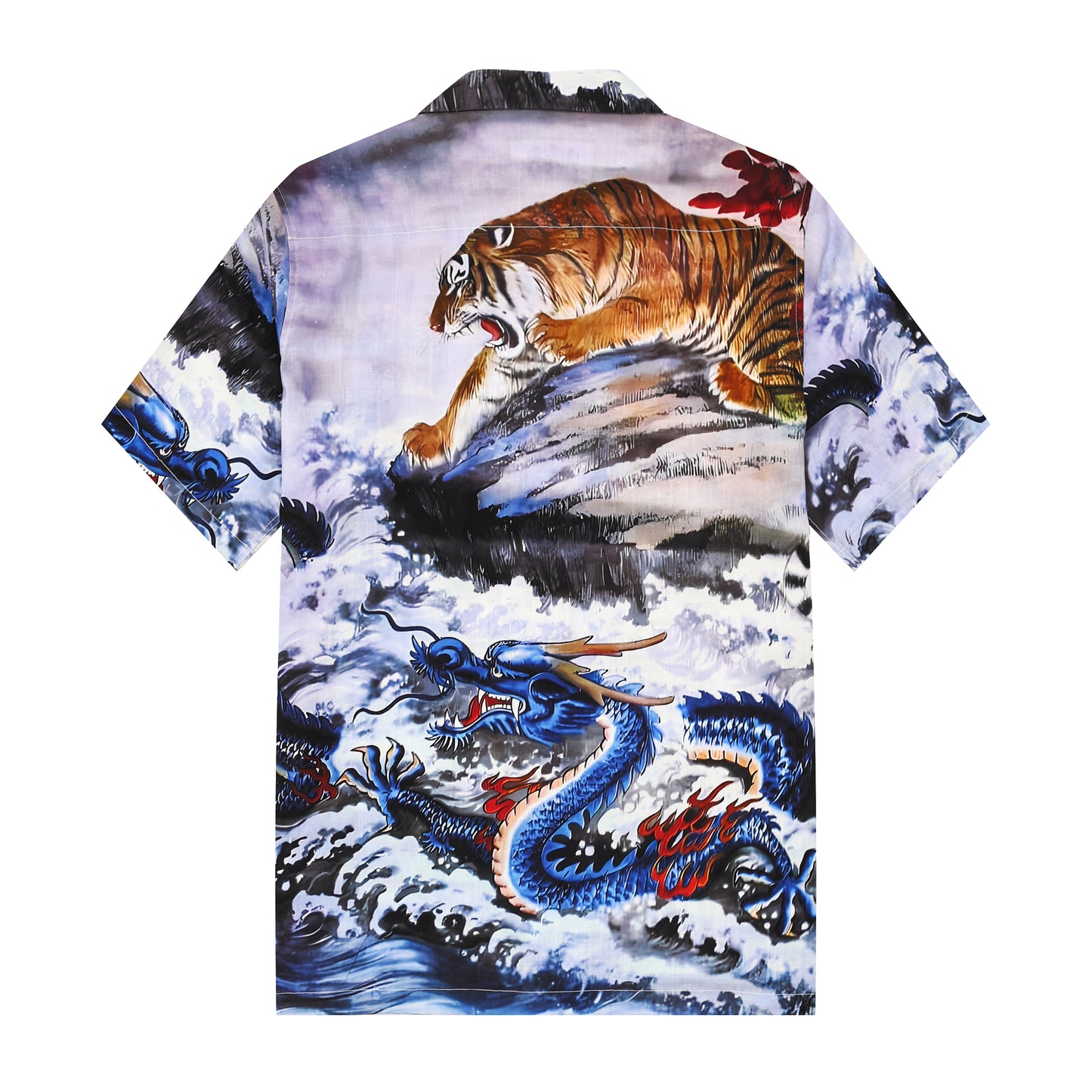 Tiger Dragon Pattern Button Camp Collar Short Sleeve Shirt