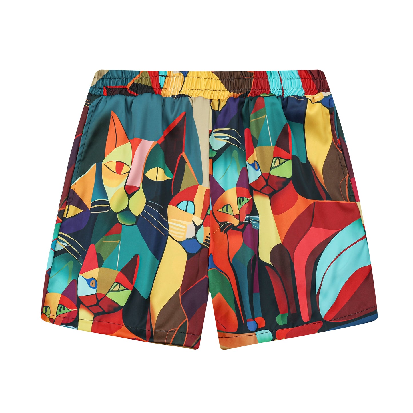 Colorful Cat Print Elastic Waistband Casual Shorts