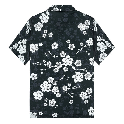 White Plum Blossom Print On Black Background Camp Collar Short Sleeve Shirt