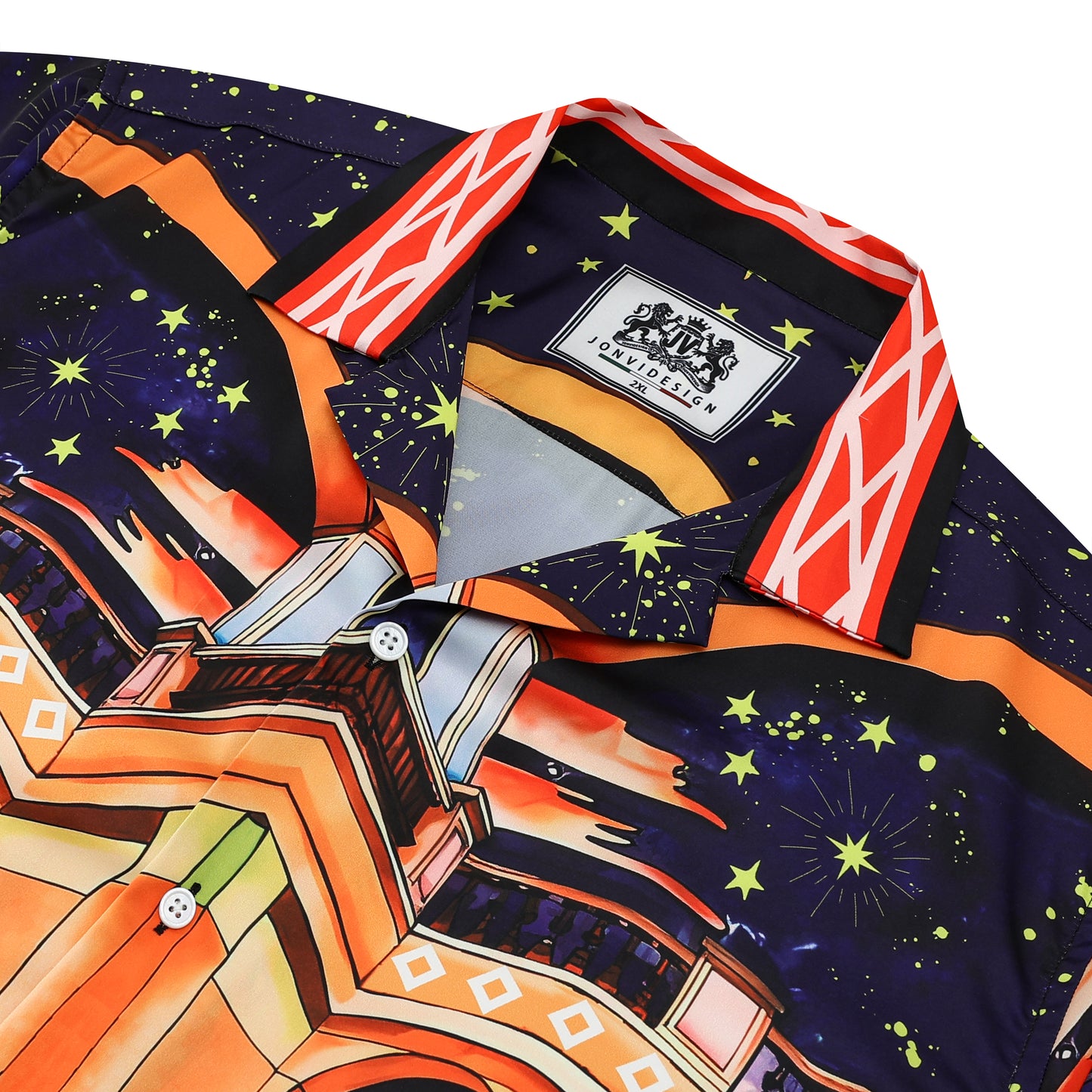 Starry Horse Racing Pattern Silk Fiber Short Sleeve Camp Collar Shirt