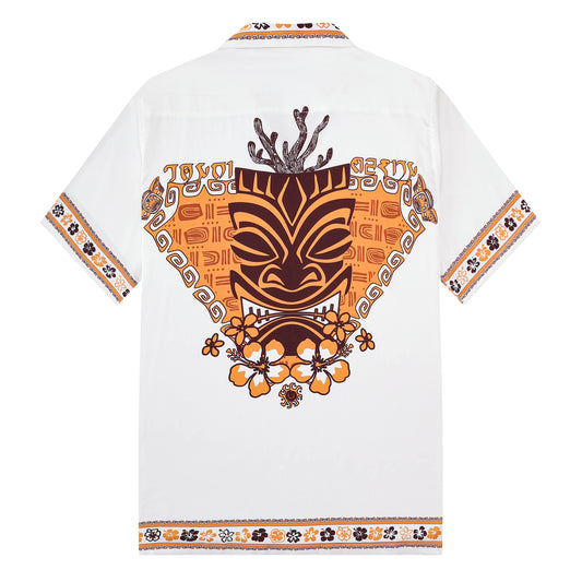 Hawaiian Tiki Themed Pattern Short Sleeve Camp Collar Shirt