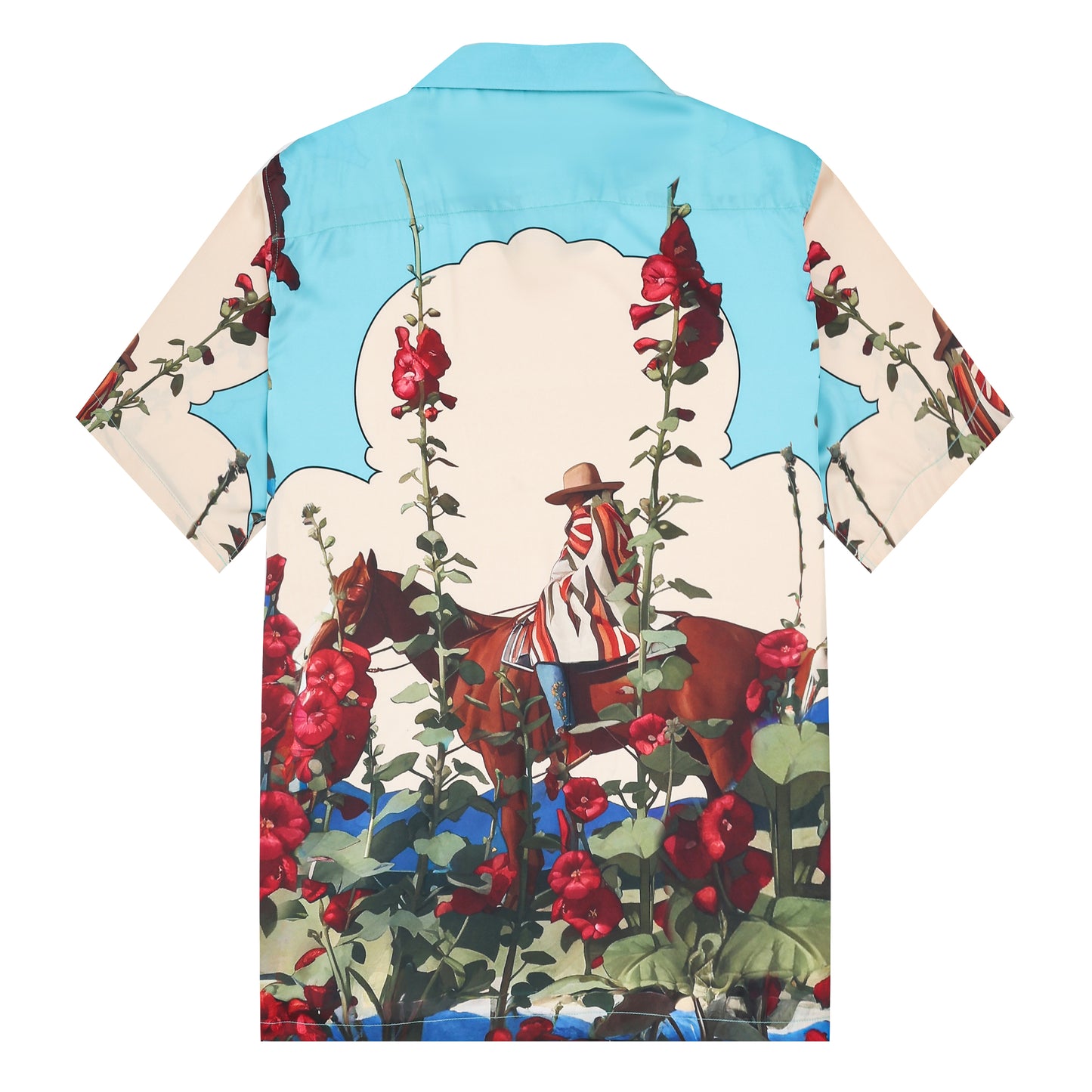 Horseback Riding Flower Print Camp Collar Short Sleeve Shirt