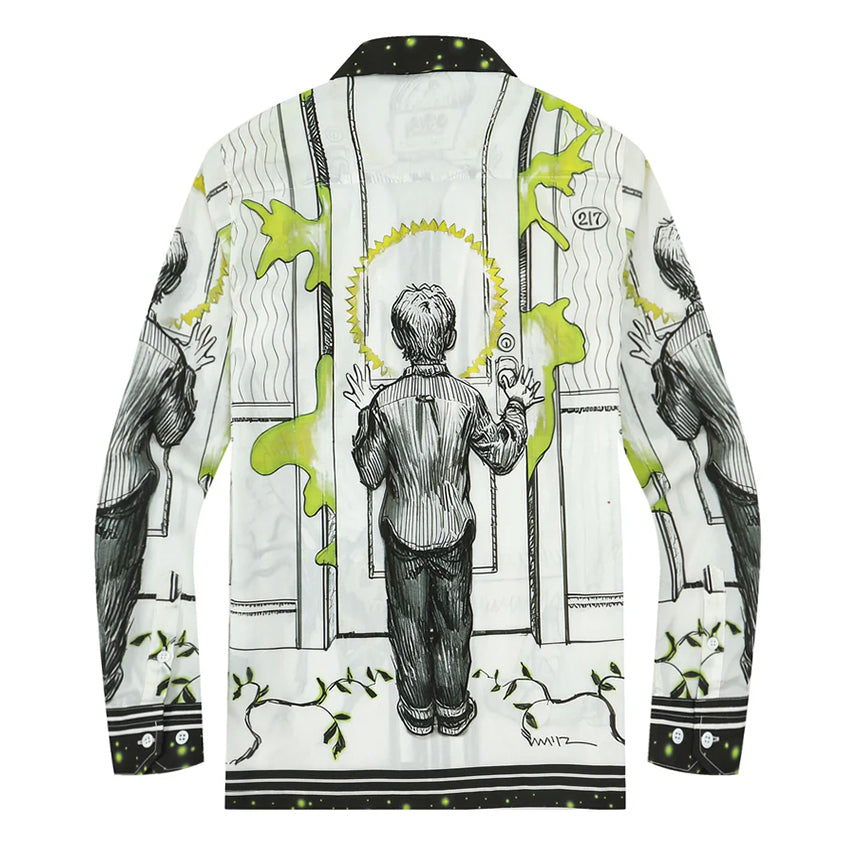 The Shining Little Boy Shady Print Halloween Long Sleeve Camp Collar Shirt