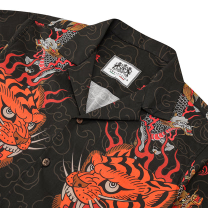 Dragon Tiger Pattern Button Camp Collar Short Sleeve Shirt