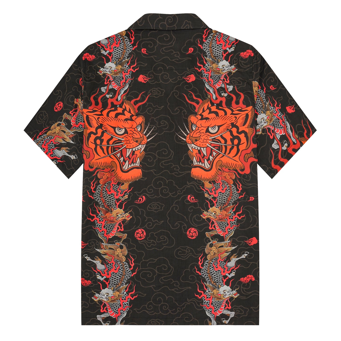 Dragon Tiger Pattern Button Camp Collar Short Sleeve Shirt