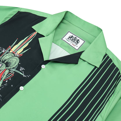 Black And Green Color Block Mouse Print Camp Collar Short Sleeve Shirt For Men