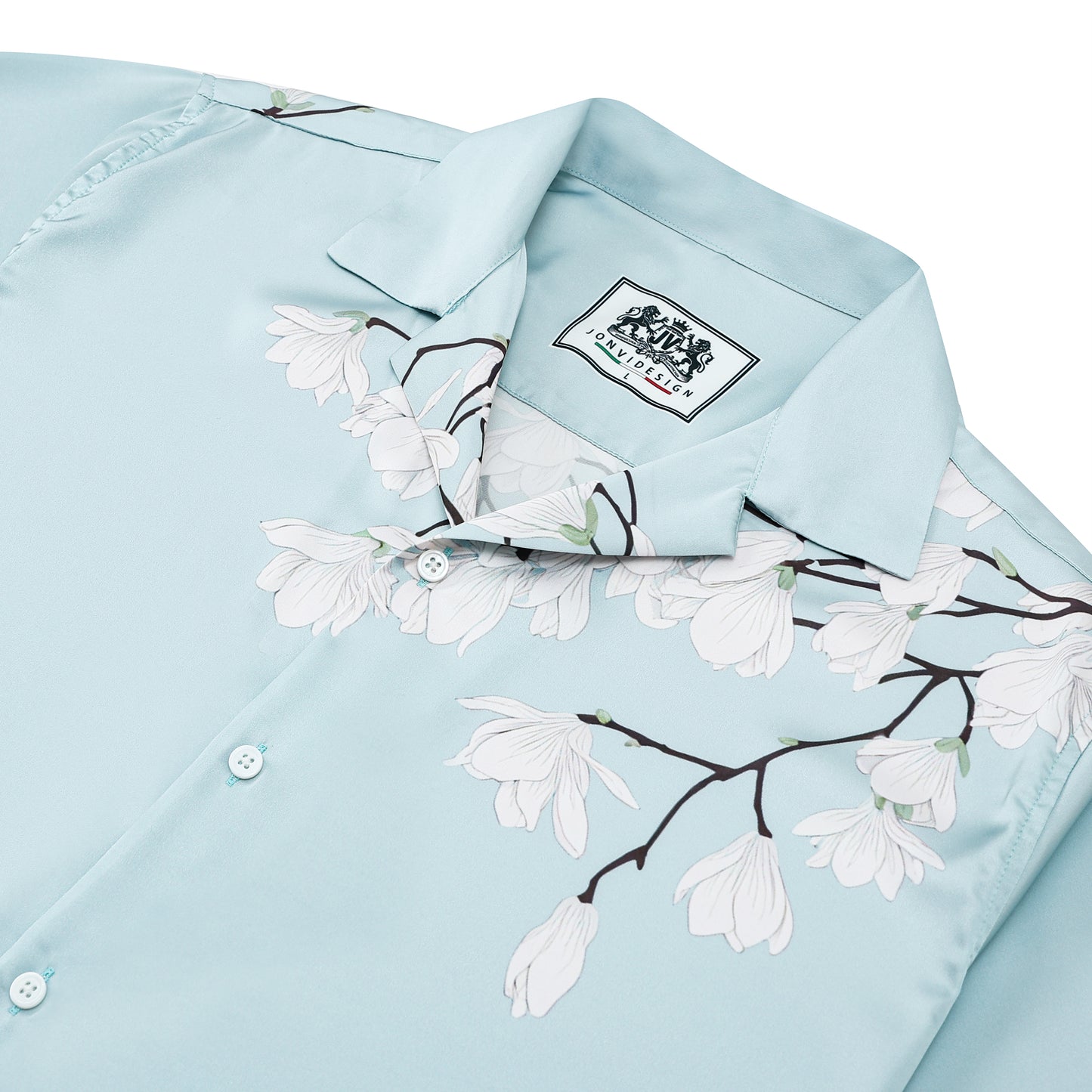 Pure White Floral Print Design Camp Collar Short Sleeve Shirt