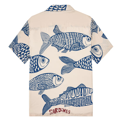 Vacation Wear Sardine Pattern Short Sleeve Camp Collar Shirt