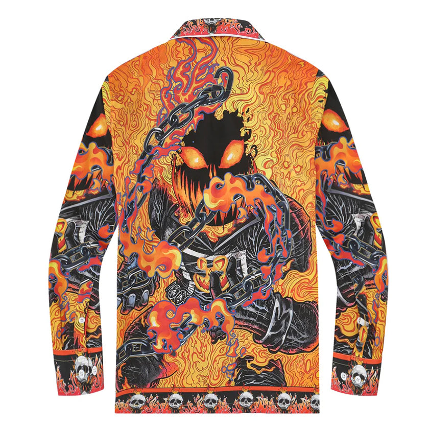 Halloween Ghost Rider Skull Placket Long Sleeve Vacation Shirt