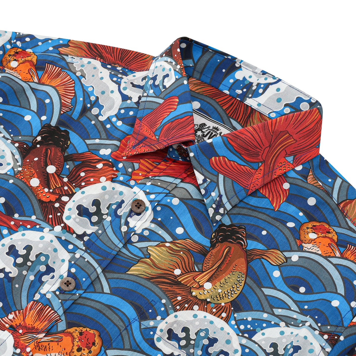 Sailboat Wave Koi Fish Pattern Button Short Sleeve Shirt