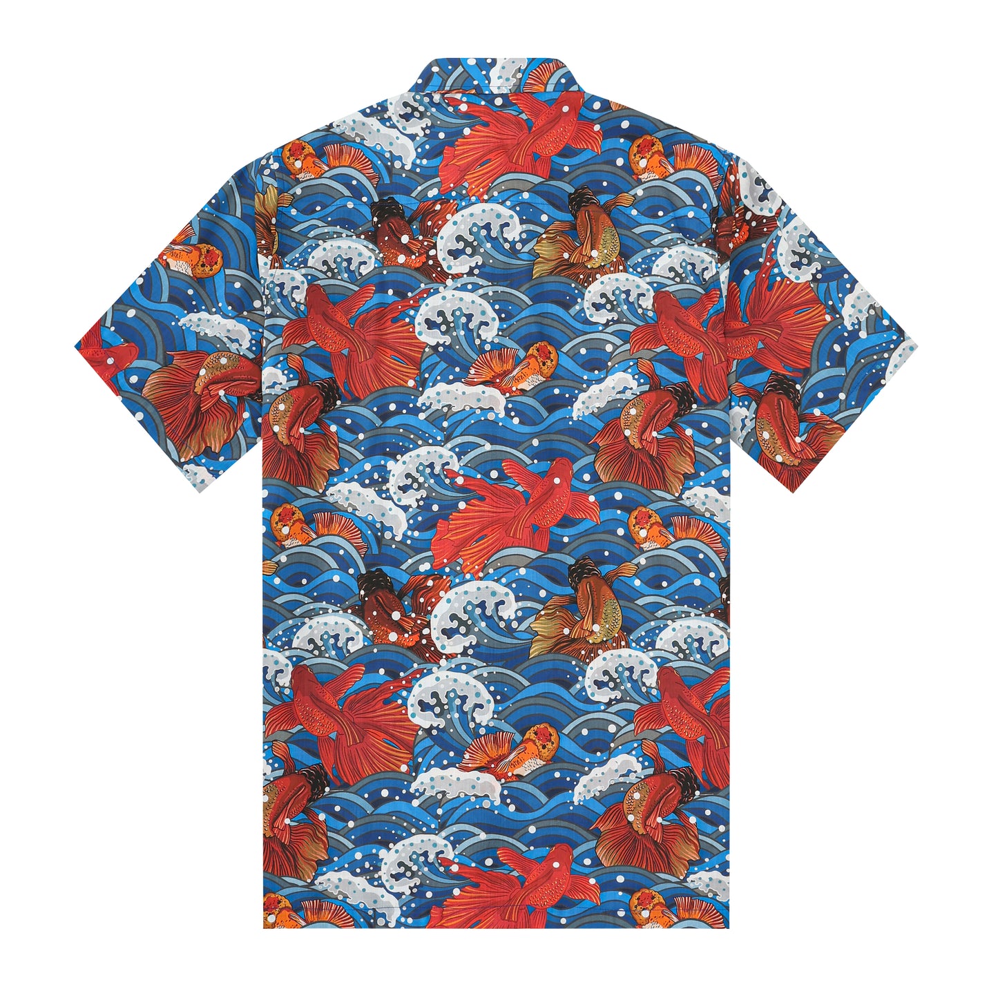 Sailboat Wave Koi Fish Pattern Button Short Sleeve Shirt