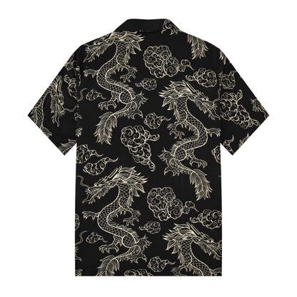 Dragon Pattern Button Short Sleeve Shirt in Black